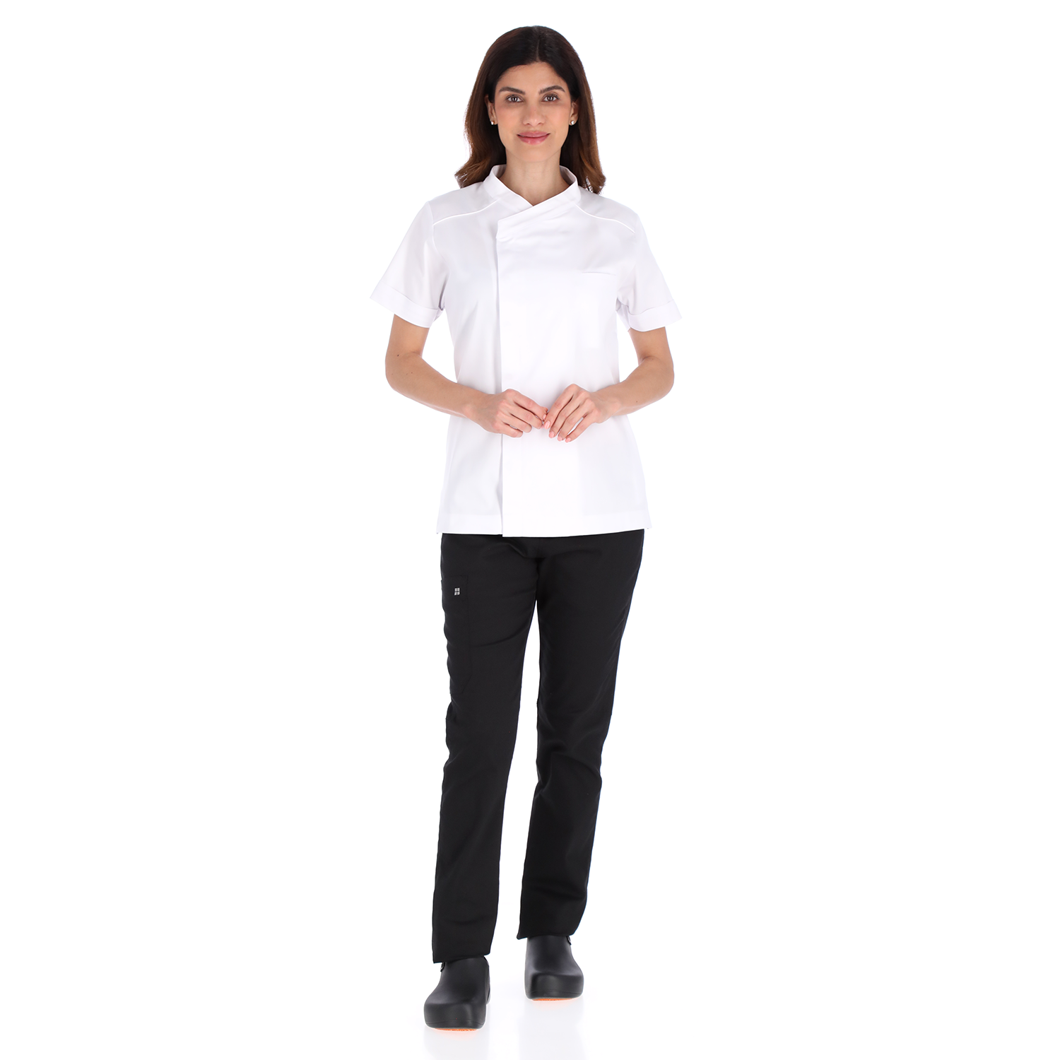 Unser white chef jacket featuring clean modern design and breathable cotton fabric for professional kitchen wear. Show on model.