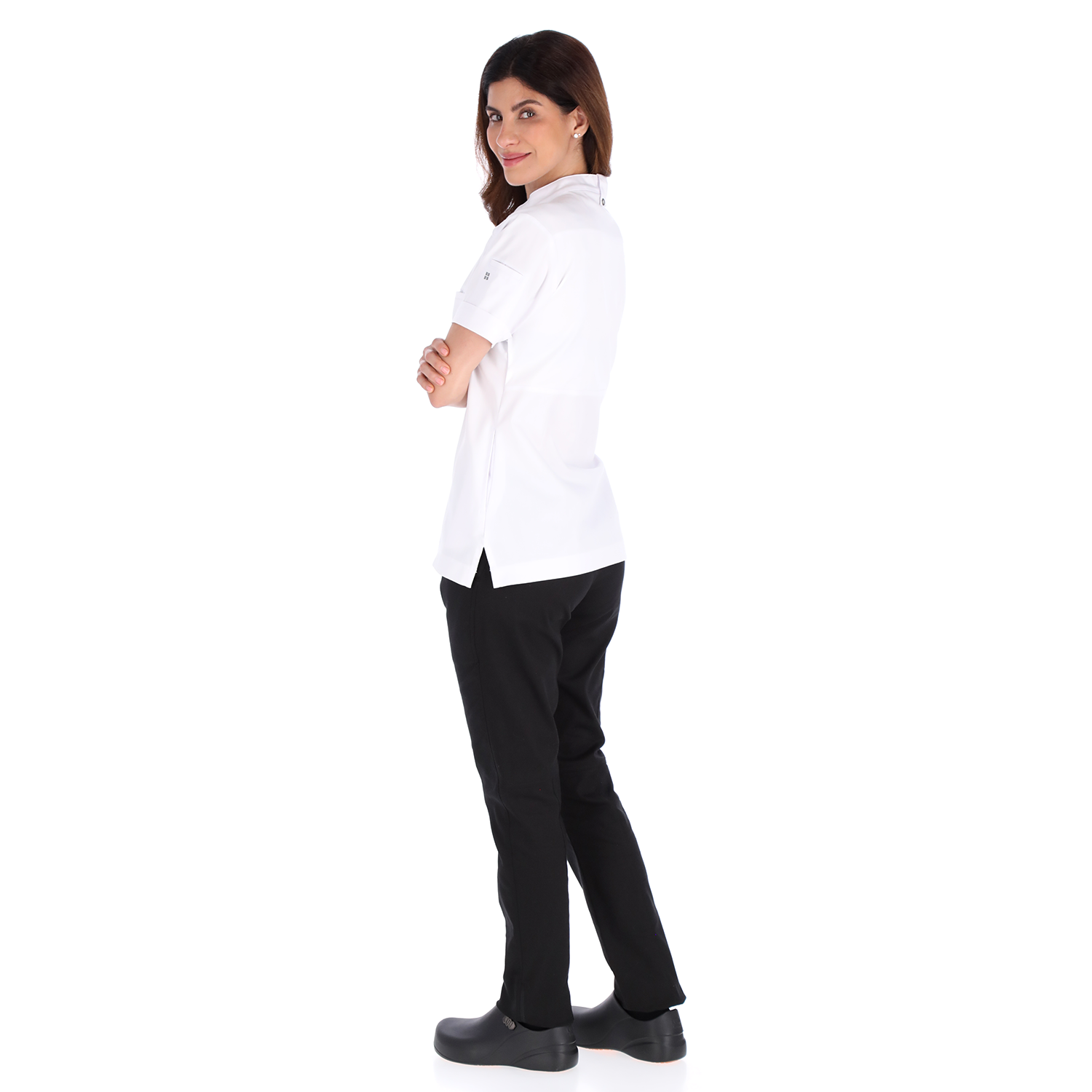 Back view of Unser white chef jacket showcasing ergonomic tailoring and lightweight fabric for culinary professionals.