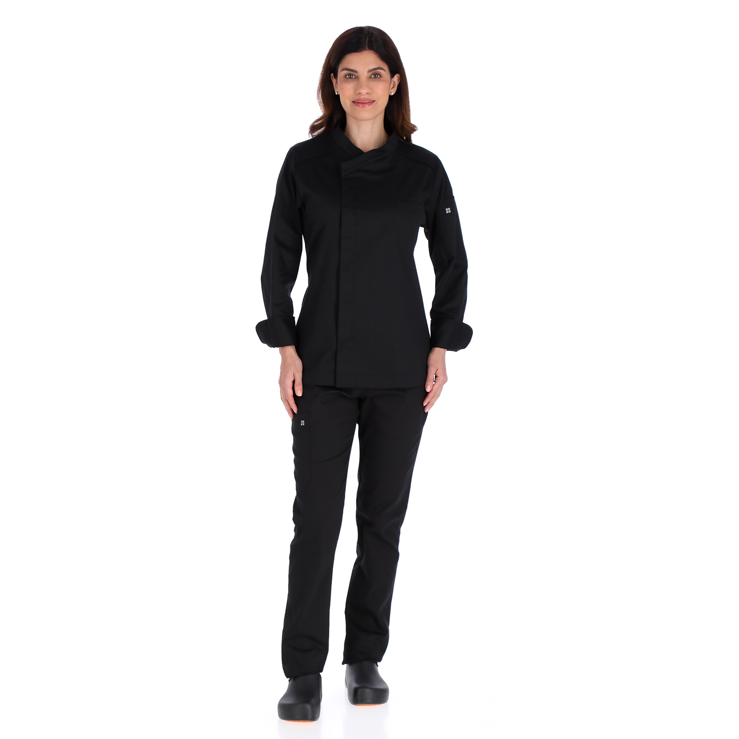 Model Unser black short-sleeve chef jacket featuring elegant minimalist design and durable fabric for culinary professionals