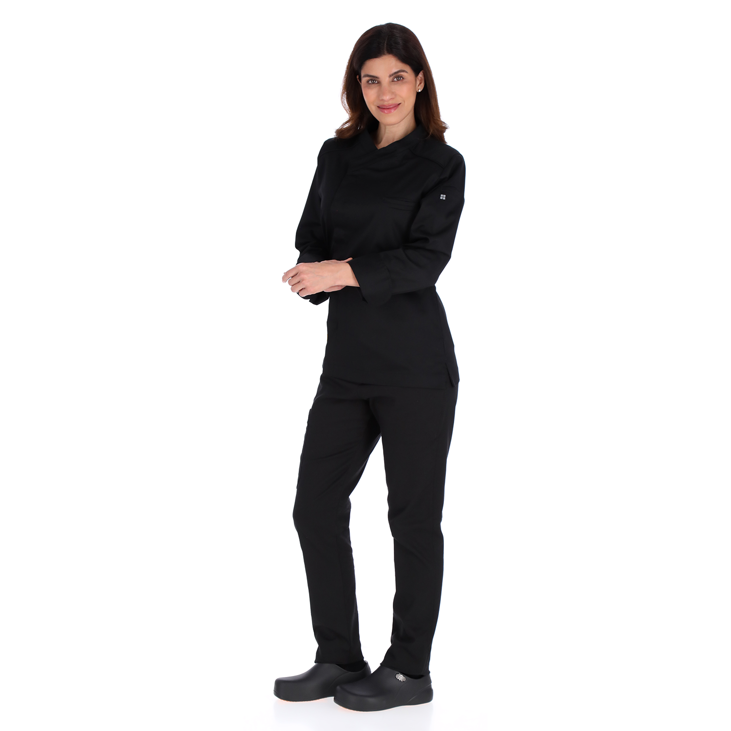 Model Back view of Unser black chef jacket showing ergonomic fit and breathable design for professional kitchen wear