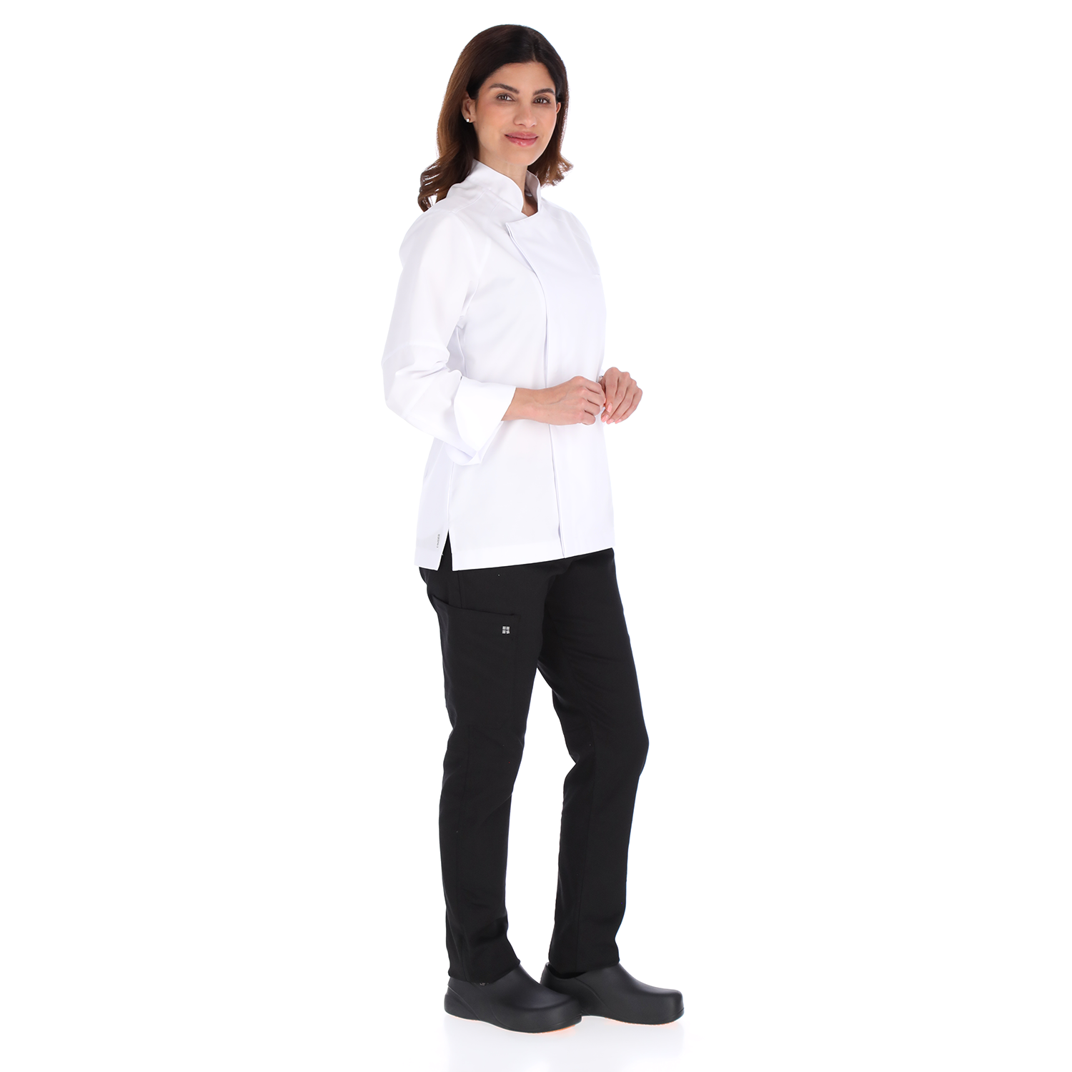 Model Unser white chef jacket with minimalist modern cut, designed for comfort and style in professional kitchens