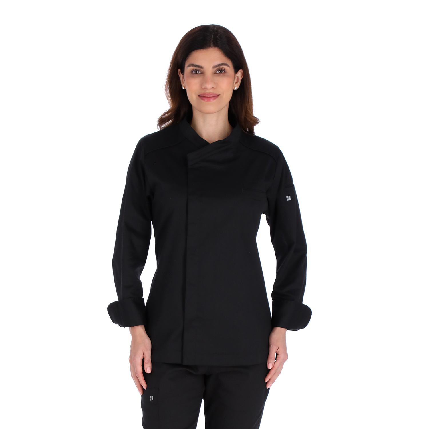 Model Cropped close-up of Unser black chef jacket highlighting premium stitching and refined professional design