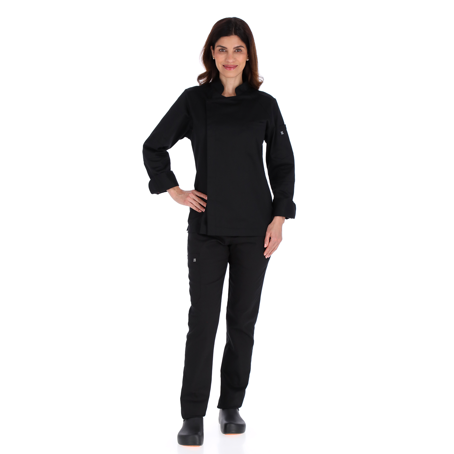 Model Unser black chef jacket featuring sleek modern cut and durable material for professional kitchen environments
