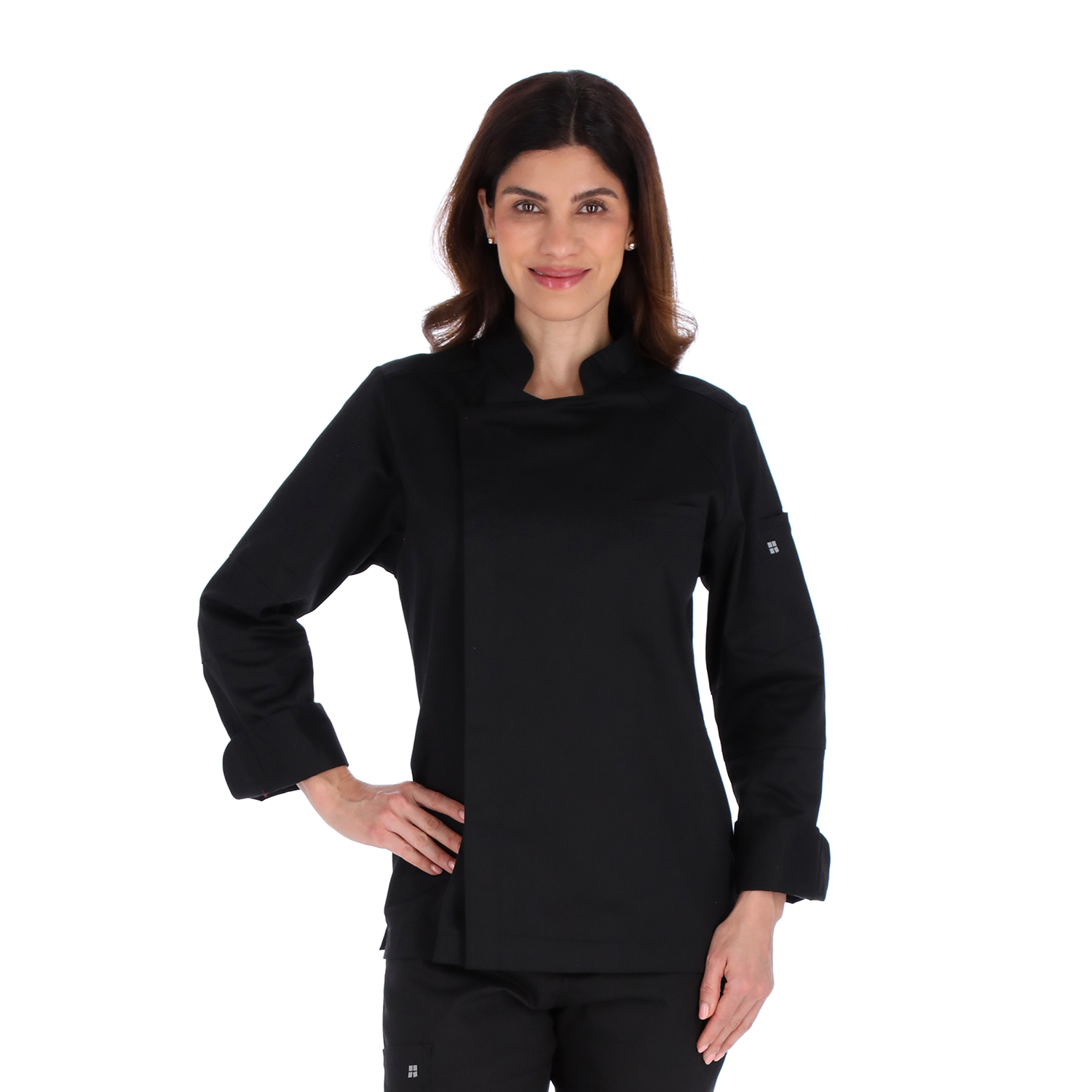 Model close-up of Unser black chef jacket highlighting premium stitching and elegant modern design for culinary professionals