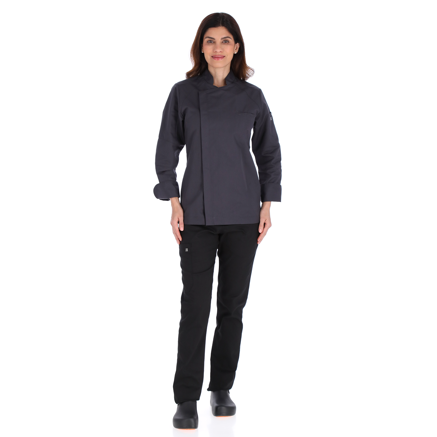 Model Unser gray chef jacket featuring contemporary design and durable fabric ideal for professional kitchen wear