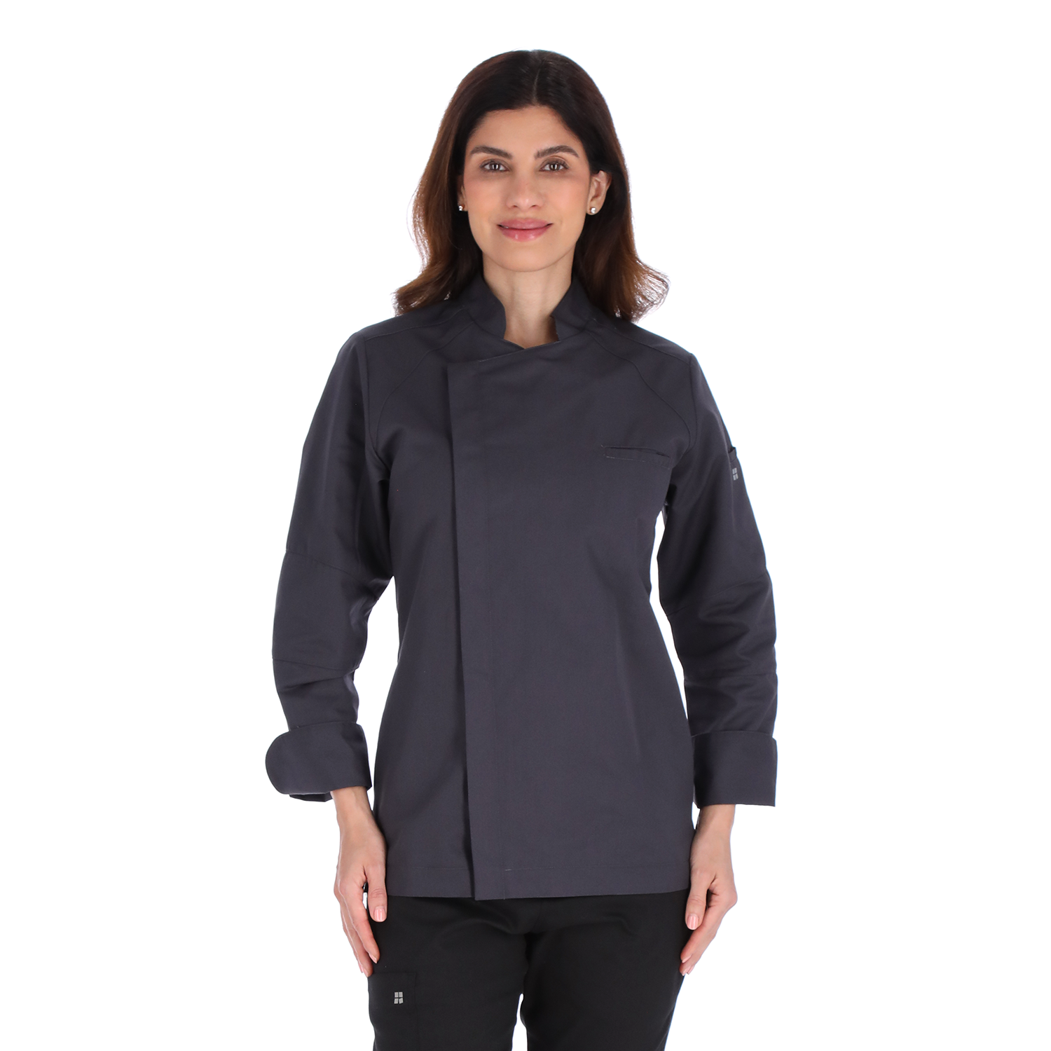 Model Cropped close-up of Unser gray chef jacket highlighting fine stitching and modern culinary apparel design