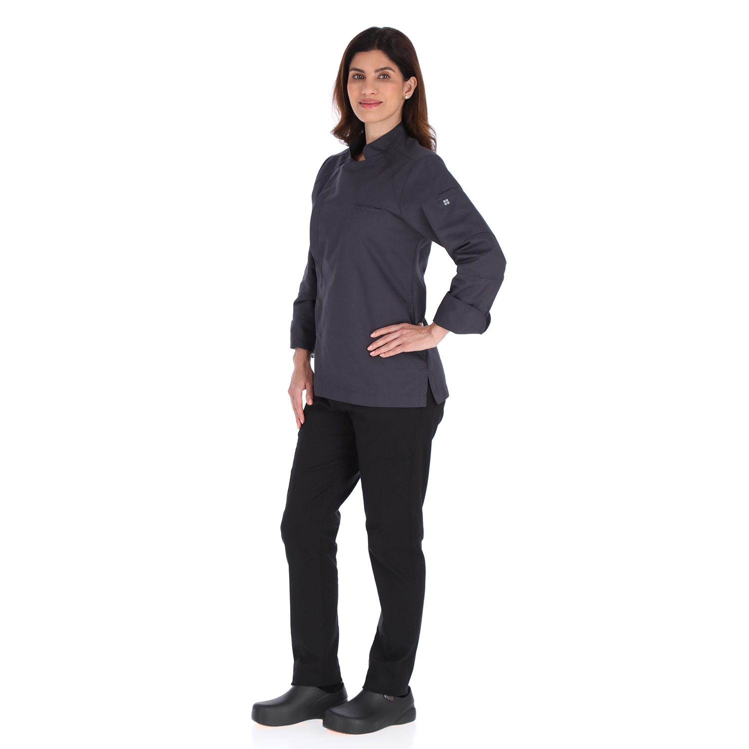Model side view of Unser gray chef jacket showing ergonomic fit and breathable material for culinary professionals