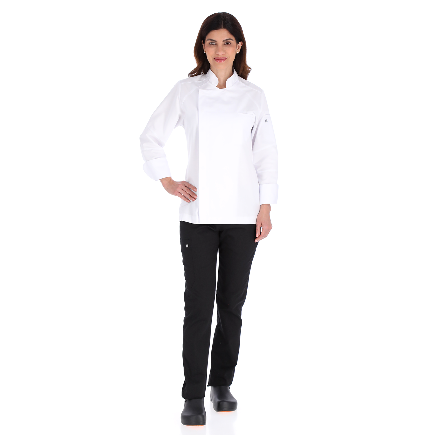 Model Unser premium white chef jacket showcasing clean design and lightweight fabric for culinary professionals