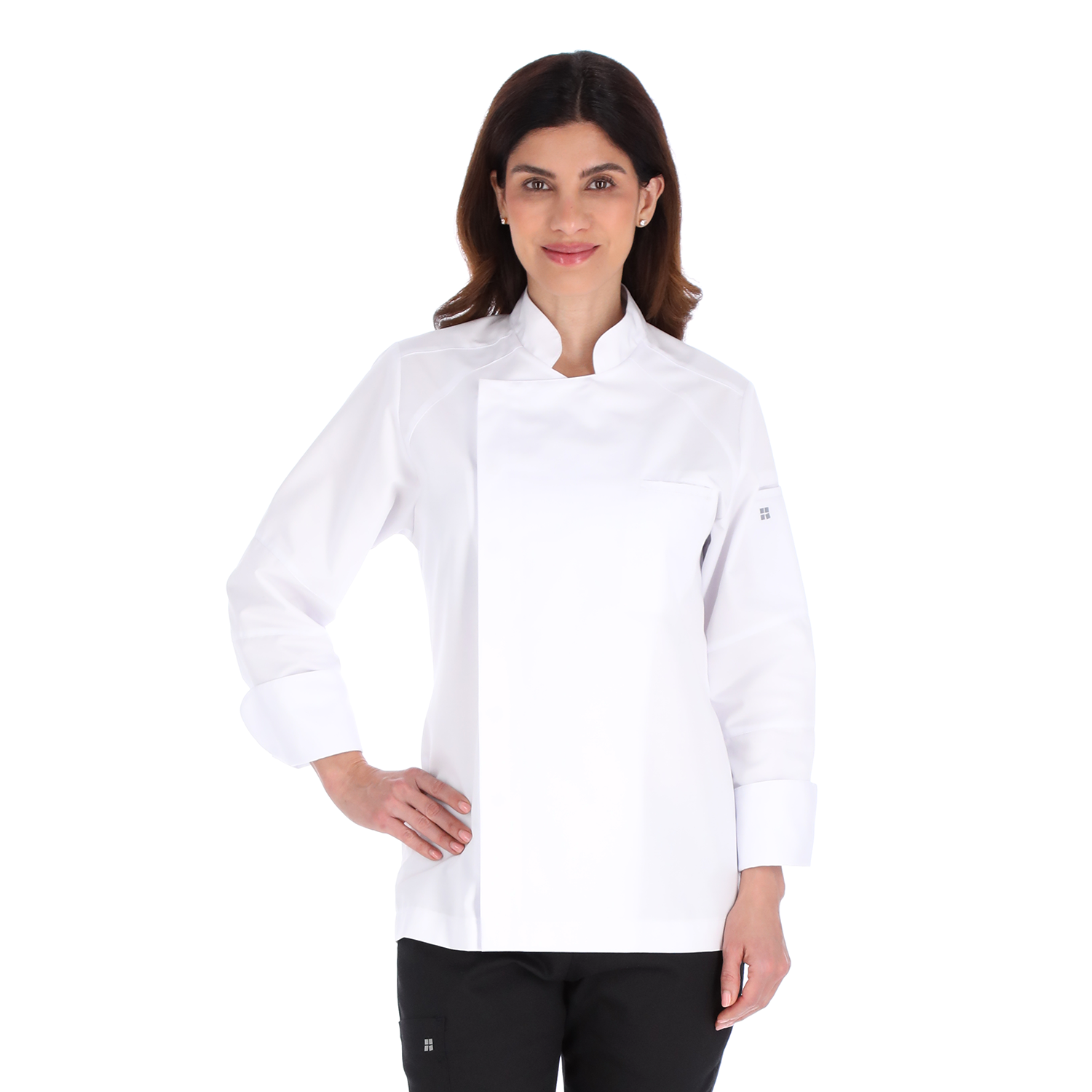 Model image of Unser white chef jacket highlighting premium stitching and elegant professional design