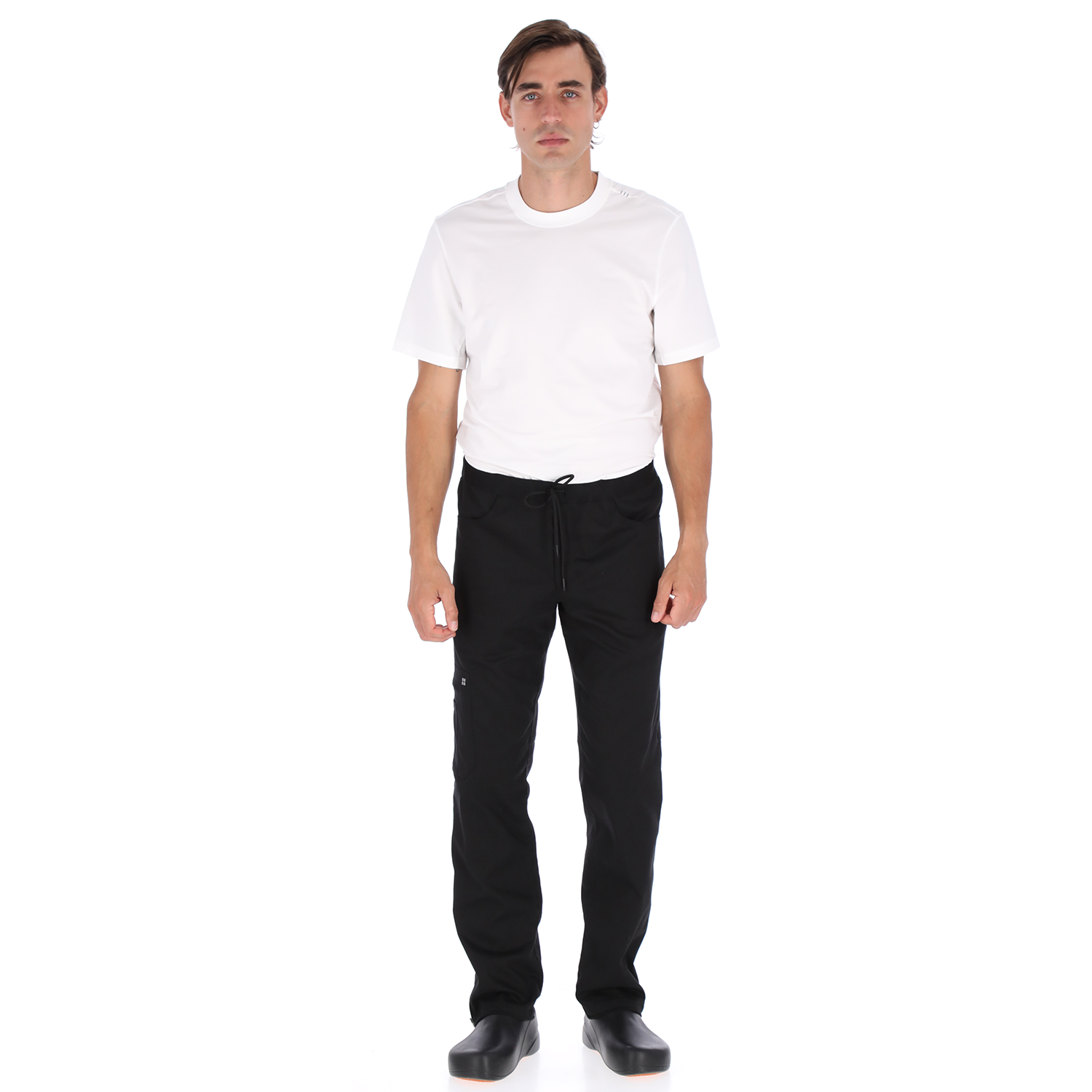 Unser black chef pants photographed in studio lighting, highlighting premium quality and comfort for professional kitchen wear